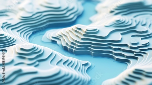 Abstract topographic map with layered, textured hills and valleys in light blue.
