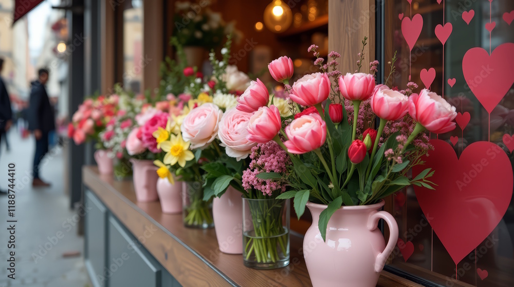 Flower shop showcase, bouquets in vases on the street, selling flowers for Valentine's Day, Mother's Day, Women's Day and other holidays Flower shop showcase, bouquets in vases on the street, selling flowers for Valentine's Day, Mother's Day, Women's Day and other holidays