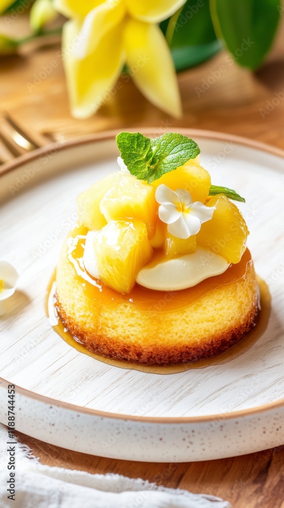 Pineapple Sponge Cake with caramelized pineapple topping, photographed on a chic white wooden plate, tangy and vibrant Hyper-quality professionnal photography Pineapple Sponge Cake with caramelized pineapple topping, photographed on a chic white wooden plate, tangy and vibrant Hyper-quality professionnal photography