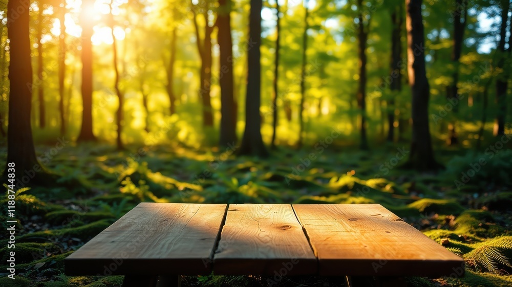 Sunlit Wooden Table in a Lush Forest Setting Sunlit Wooden Table in a Lush Forest Setting