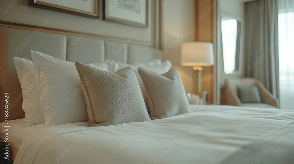 Part of the bed in a stylish bedroom. The bed linen was immaculately made, with snow—white sheets and several beige pillows. Part of the bed in a stylish bedroom. The bed linen was immaculately made, with snow—white sheets and several beige pillows.