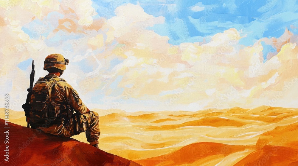 A male soldier, possibly of Middle Eastern descent, sits contemplatively atop a sand dune, gazing out at a vast, sun-drenched desert landscape under a bright sky.  
