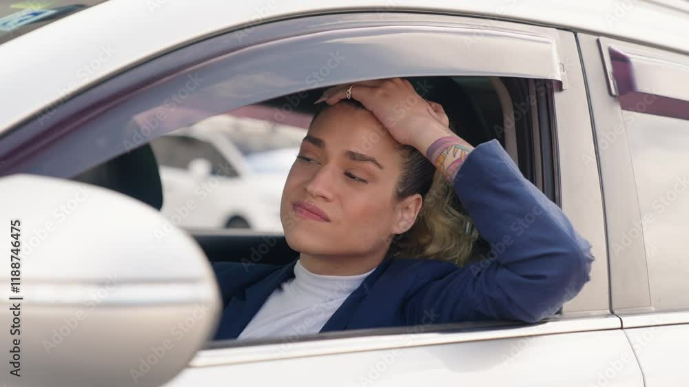 Depressing Car Ride Anxiety and stress. Transwoman driver behind the wheel of the car is ...