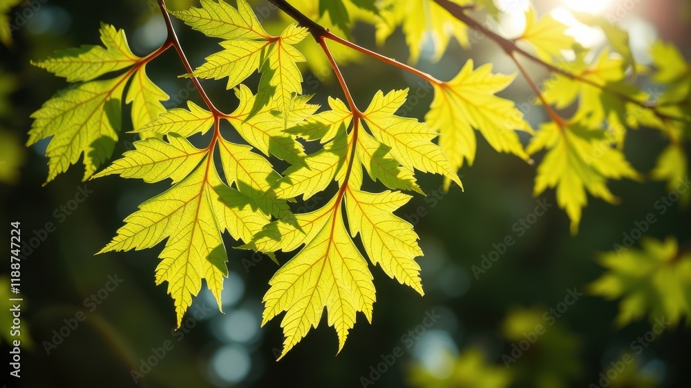 Illuminated foliage of vibrant green leaves on a branch basking in sunlight Illuminated foliage of vibrant green leaves on a branch basking in sunlight