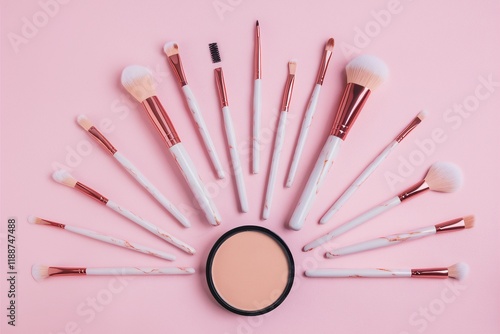 Makeup brushes, soft pastel pink background, cosmetic tools, beauty accessories, flat lay photography, minimalist composition, white powder puffs, professional makeup kit, beauty blogger setup, femini photo