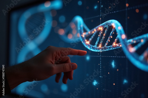Hand pointing to a large touchscreen GUI showing DNA helix strand. Concept on development on human genome sequencing, advanced genetic research, cloning science, personalized medicine in the future.