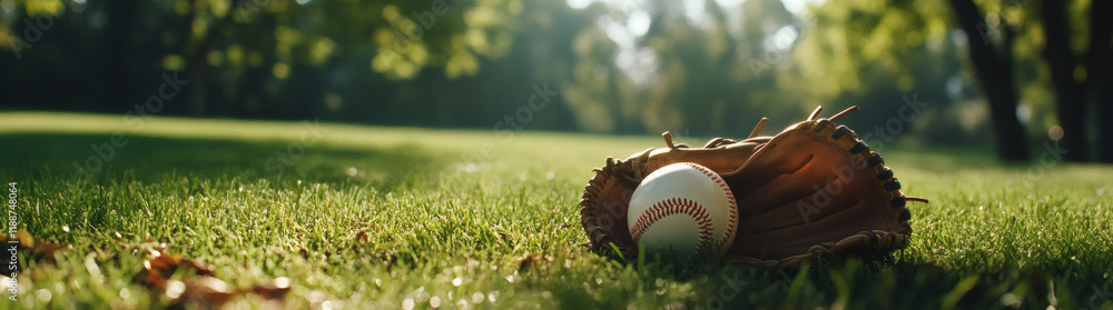 A baseball glove lays in green grass with a blurred background of trees.
A baseball glove lays in green grass with a blurred background of trees.