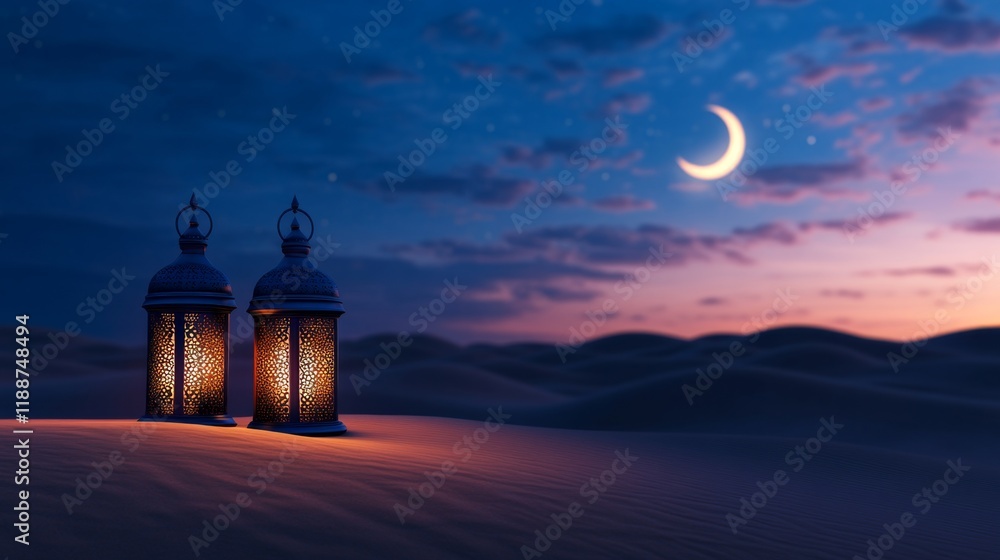 Ramadan lanterns glowing in a serene desert night with a crescent moon above symbolizing peace and blessings Ramadan lanterns glowing in a serene desert night with a crescent moon above symbolizing peace and blessings