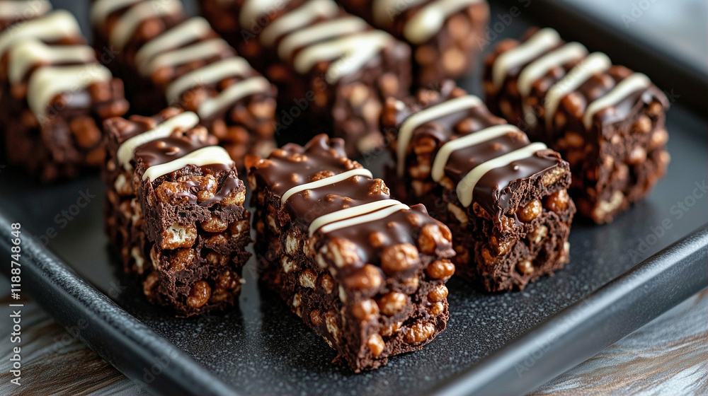 Chocolate bars with drizzled white chocolate on a black plate showcasing delicious snack food Chocolate bars with drizzled white chocolate on a black plate showcasing delicious snack food