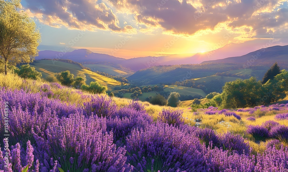 Vibrant sunset over rolling hills and lavender fields. (1) Vibrant sunset over rolling hills and lavender fields. (1)