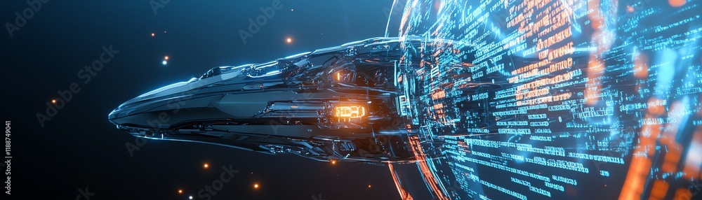 Fototapeta premium Futuristic spaceship engulfed in digital data streams. Sci-fi, technology, space travel, digital art.