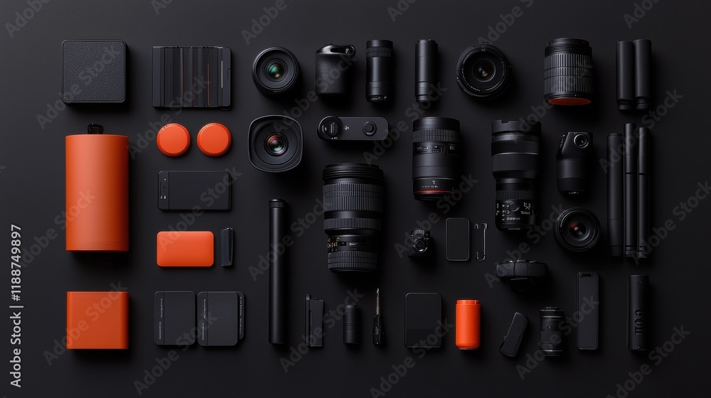 Stylish camera gear and accessories on a black background Stylish camera gear and accessories on a black background