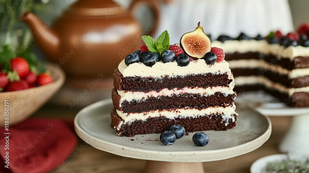Chocolate cake dessert layered with cream topped with fruits and berries on a rustic serving plate Chocolate cake dessert layered with cream topped with fruits and berries on a rustic serving plate