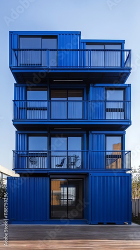 Modern Multi-Story Container Building in Vibrant Blue photo