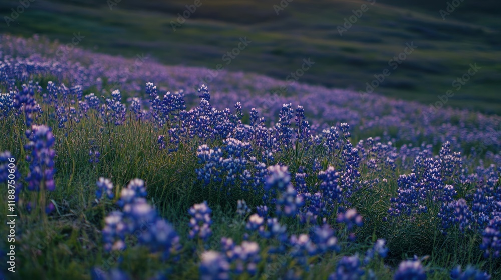 Fototapeta premium Sunset illuminates a hillside of blooming purple wildflowers.
