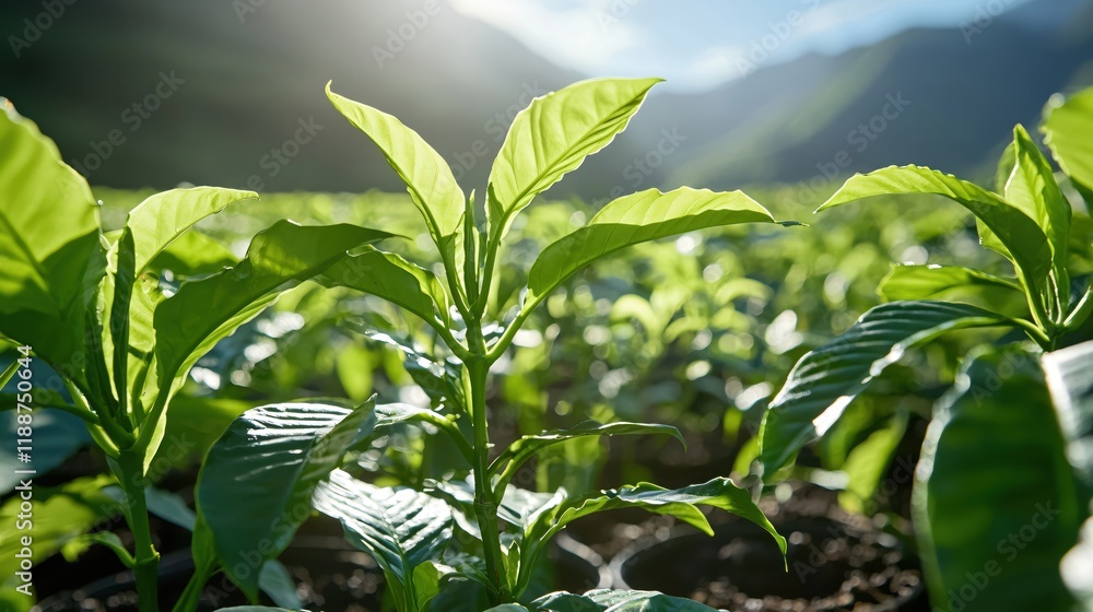 Obraz premium Lush Green Coffee Plant Saplings Growing in Sunlight Mountain Background
