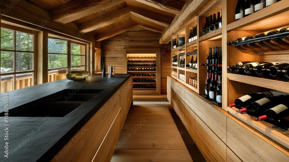 A rustic wine rack integrated into a wooden kitchen design with modern furniture. A rustic wine rack integrated into a wooden kitchen design with modern furniture.