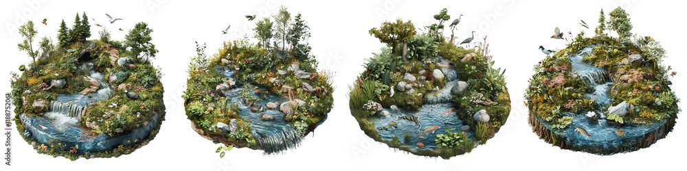set of Action Day on a River Full of Life, a winding river working together to clean its banks, on a transparent backgrounds set of Action Day on a River Full of Life, a winding river working together to clean its banks, on a transparent backgrounds