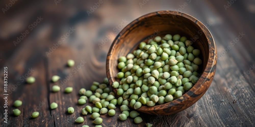Fototapeta premium A wooden bowl overflowing with small, pale green seeds spills onto a dark brown wooden surface