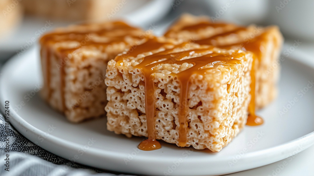 Rice crispy treats topped with sweet caramel drizzles delicious dessert on a white plate Rice crispy treats topped with sweet caramel drizzles delicious dessert on a white plate