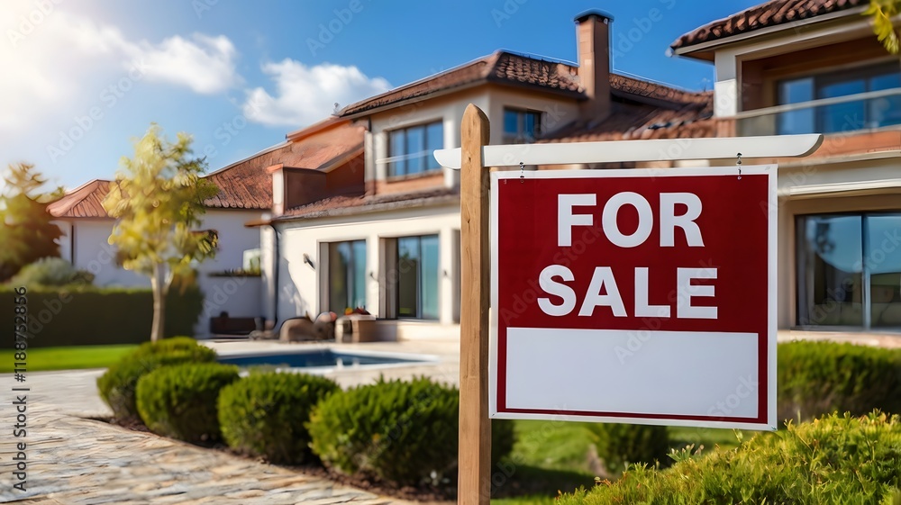 For Sale sign board displayed in front yard sunny morning, beautiful suburban home buying or selling property, real estate & housing concepts For Sale sign board displayed in front yard sunny morning, beautiful suburban home buying or selling property, real estate & housing concepts