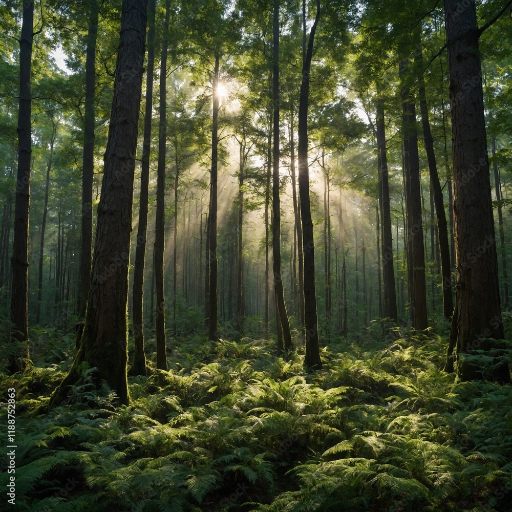 Obraz premium A breathtaking forest panorama, with tall, dense trees standing in the foreground, their trunks rough and textured. 