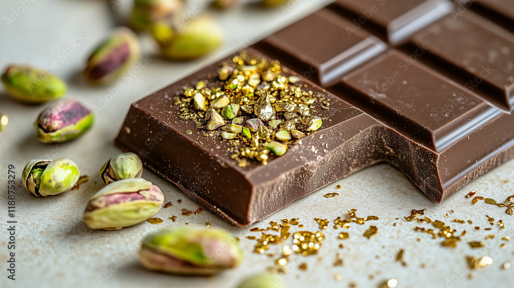 Chocolate bar with pistachios and gold flakes on a light background garnished with roasted nuts and sweet chocolate Chocolate bar with pistachios and gold flakes on a light background garnished with roasted nuts and sweet chocolate