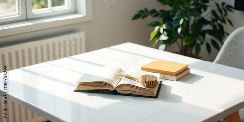 Wallpaper Mural Sunlight illuminates a tranquil scene an open book rests on a white table, accompanied by a wooden brush and stacked books, creating a peaceful atmosphere. Torontodigital.ca
