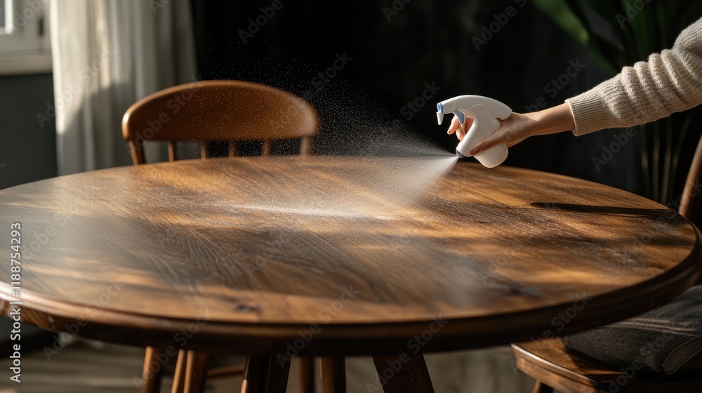 Fototapeta premium A woman using a detergent spray to clean a dining table.