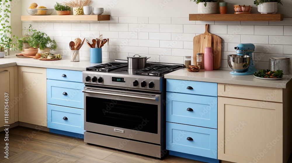 Modern Kitchen Design with Stainless Steel Range and Light Blue Cabinets Modern Kitchen Design with Stainless Steel Range and Light Blue Cabinets