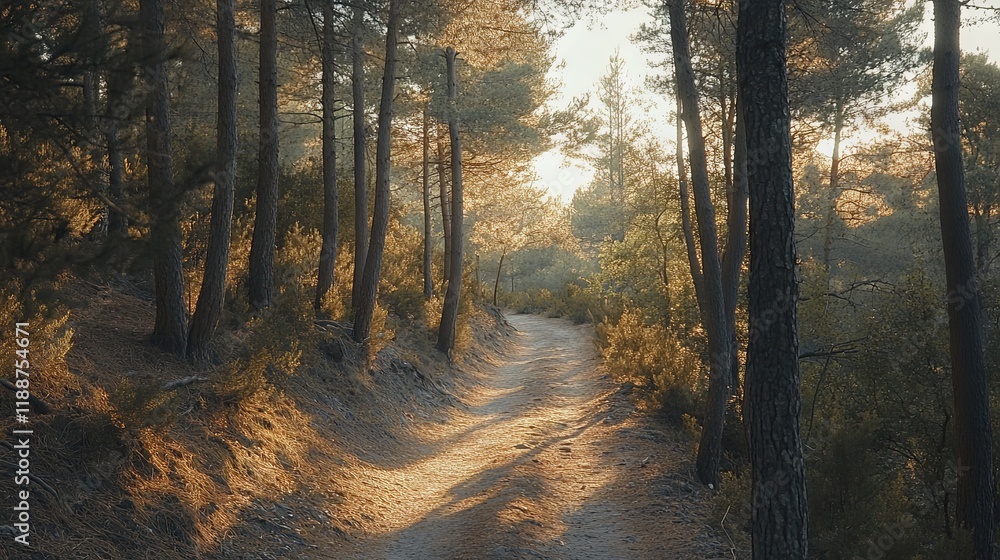 Obraz premium Golden Sunlight Path Through the Pine Forest