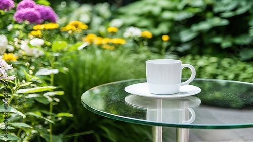 Wallpaper Mural Serene Garden Coffee Break White Mug Glass Table Floral Background Peaceful Tranquility Torontodigital.ca