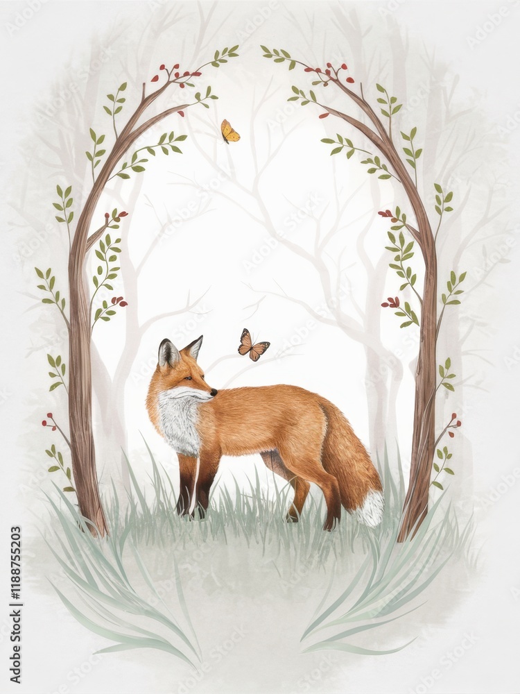 Fototapeta premium Watercolor illustration, cute fox, forest scene, arched tree frame, delicate butterflies, soft pastel colors, whimsical, ethereal, nature-inspired, detailed flora, misty background, storybook art styl