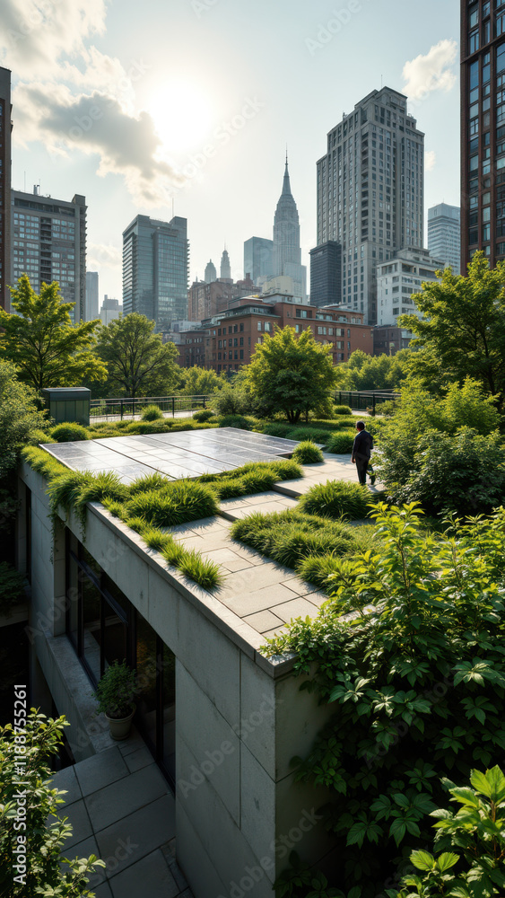 Fototapeta premium Rooftop solar panel installation with city skyline in background.