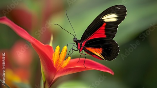 Stunning Red and Black Butterfly on a Vibrant Flower photo