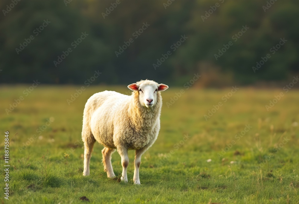Fototapeta premium White sheep standing alone in green meadow. Farm animal in rural landscape. Pastoral scene with fluffy livestock. Agriculture and farming concept. Wool production and animal husbandry