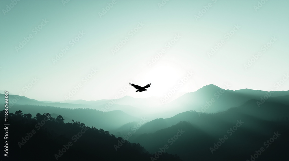 A bald eagle flies high above a mountain landscape dotted with wispy clouds and sunlight, in a minimalist style. A bald eagle flies high above a mountain landscape dotted with wispy clouds and sunlight, in a minimalist style.