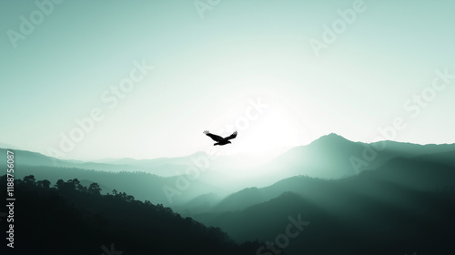 A bald eagle flies high above a mountain landscape dotted with wispy clouds and sunlight, in a minimalist style. photo