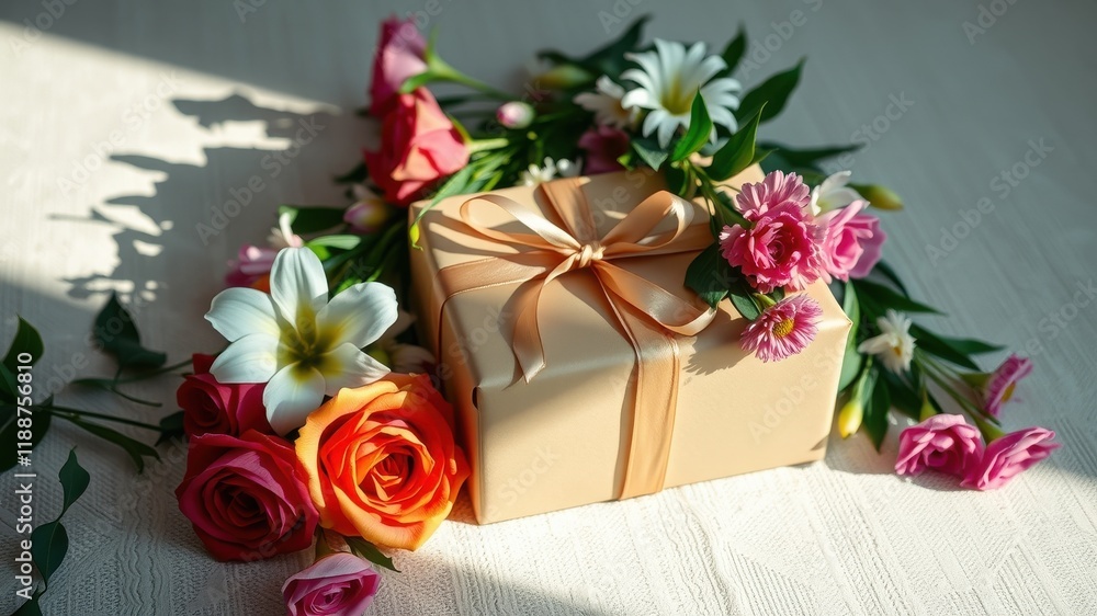 Obraz premium A gift wrapped in beige paper with a satin ribbon, surrounded by a vibrant bouquet of roses and other flowers in a sunlit setting.