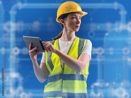 Woman engineer. Tablet comp...