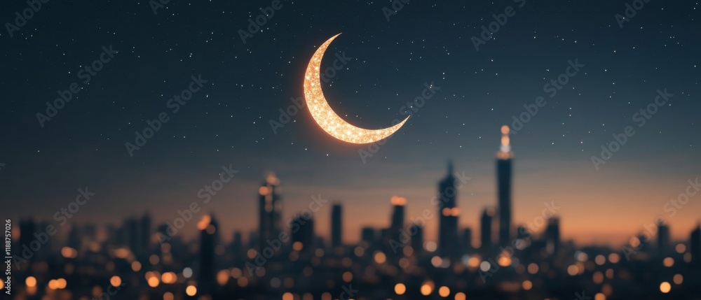 Naklejka premium A stunning crescent moon above a city skyline adorned with glowing Ramadan lights representing blessings and community