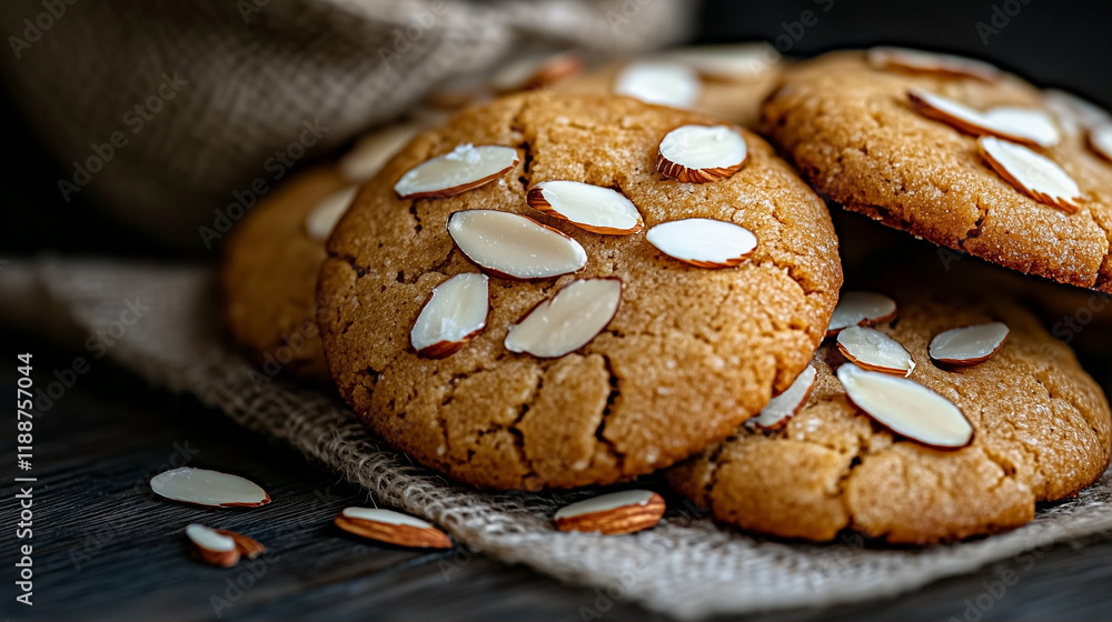 Cookies topped with almonds on wooden table with baked goods in the background Cookies topped with almonds on wooden table with baked goods in the background