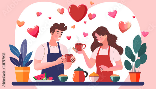 couple drink hot chocolate , many heart romantic  background. Valentine days. Vector.