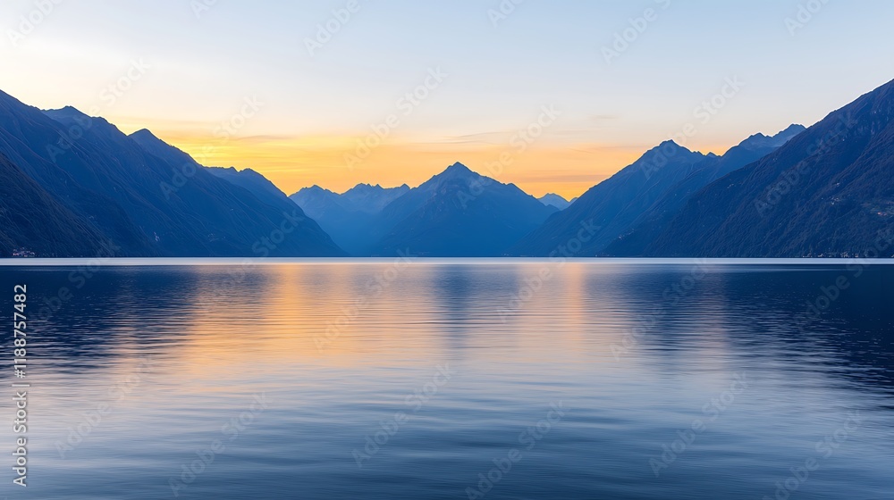 Serene sunset over calm lake with majestic mountains reflecting in still water. Serene sunset over calm lake with majestic mountains reflecting in still water.