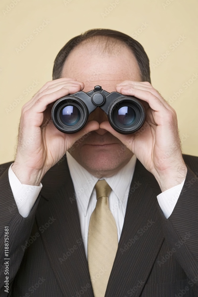 Businessman in Suit Using Binoculars for Vision Search Businessman in Suit Using Binoculars for Vision Search