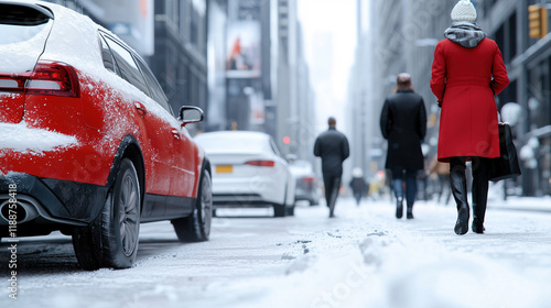 Wallpaper Mural Snowy City Street: A red car, dusted with snow, is parked on a city street as pedestrians walk away from the camera, the scene captured in a cold winter day's ambiance. Torontodigital.ca