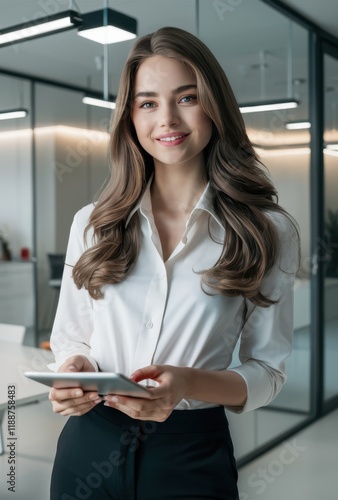 Professional woman, long wavy brown hair, white button-up shirt, office environment, confident smile, holding tablet, corporate setting, glass walls, modern interior, soft lighting, business attire, y Free Download Professional woman, long wavy brown hair, white button-up shirt, office environment, confident smile, holding tablet, corporate setting, glass walls, modern interior, soft lighting, business attire, y - GFXLoad