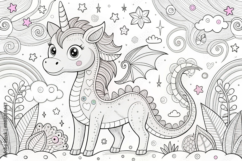 Fototapeta premium Cute Unicorn Dragon Coloring Page: Magical Creature Illustration for Kids