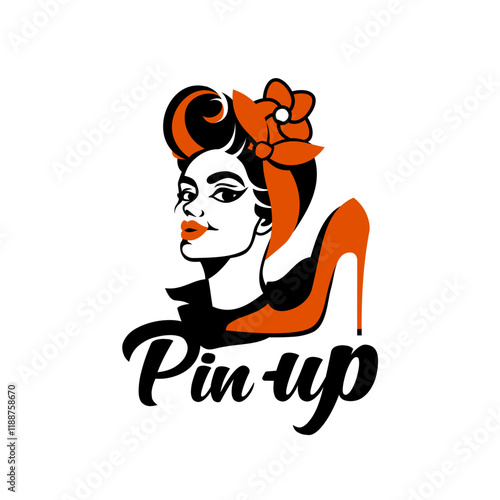 50s classic rockabilly exotic pin-up girl vector cartoon illustration in black, red for print, tattoo logo, advertising, victory rolls hairstyle, scarf, bandana, flower hairpin, high heel red shoes