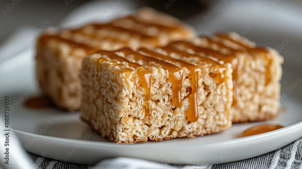 Rice crispy treats drizzled with caramel sauce on a plate dessert snack Rice crispy treats drizzled with caramel sauce on a plate dessert snack